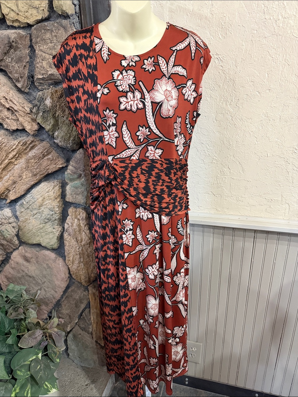 IMAN Rust Floral & Black Patterned Knot-Waist Midi Dress